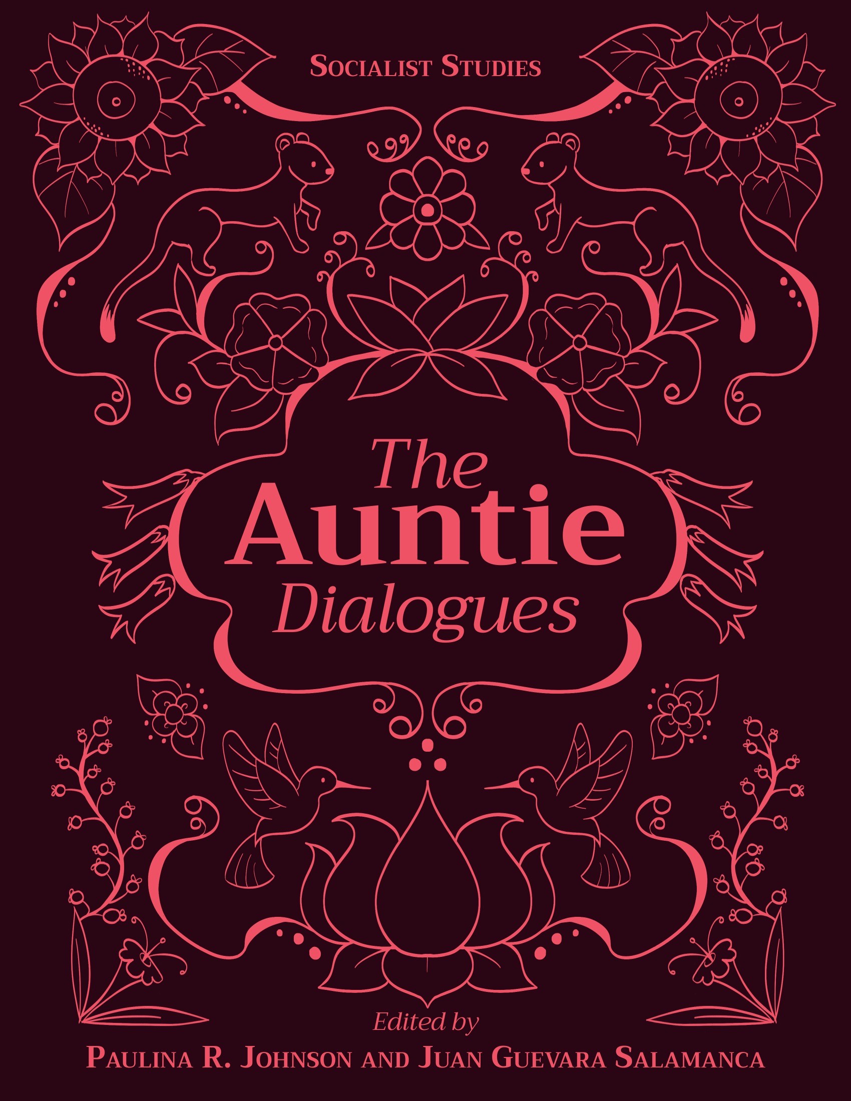 Front cover of the Auntie Dialogues with beautiful traditional designs that includes flowers and animals.